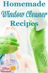 2 homemade window cleaner recipes, one with ammonia and the other with vinegar, to get your windows, glass and mirrors sparkling clean for less money {on Stain Removal 101}