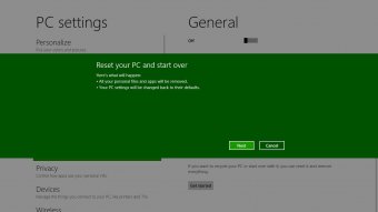 Reset your PC and start over. Here's what will happen: All your personal files and apps will be removed. Your PC settings will be changed back to their defaults.